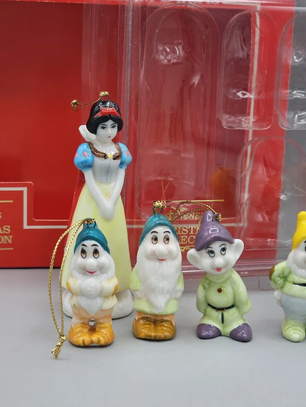 Vtg Disney Snow White 7 Dwarfs Bone China Ornament Set Complete Box Taiwan Rare
